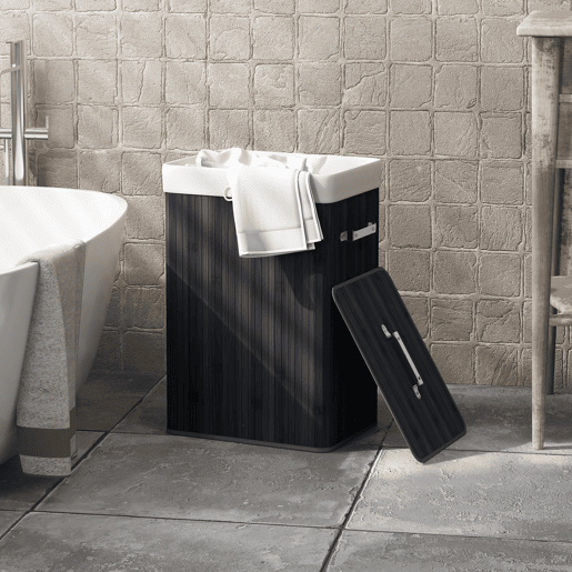 HOMCOM Cesto de Roupa Suja Dobrável com Tampa 67L, Cesto de Roupa Suja de Bambu, 2 Compartimentos, Saco Removível, para Quarto, Casa de Banho, Lavandaria, 40x30x60 cm, Preto