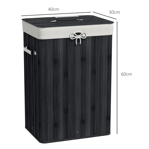 HOMCOM Cesto de Roupa Suja Dobrável com Tampa 67L, Cesto de Roupa Suja de Bambu, 2 Compartimentos, Saco Removível, para Quarto, Casa de Banho, Lavandaria, 40x30x60 cm, Preto