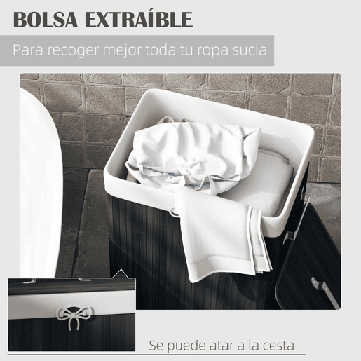 HOMCOM Cesto de Roupa Suja Dobrável com Tampa 67L, Cesto de Roupa Suja de Bambu, 2 Compartimentos, Saco Removível, para Quarto, Casa de Banho, Lavandaria, 40x30x60 cm, Preto