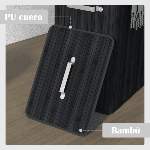 HOMCOM Cesto de Roupa Suja Dobrável com Tampa 67L, Cesto de Roupa Suja de Bambu, 2 Compartimentos, Saco Removível, para Quarto, Casa de Banho, Lavandaria, 40x30x60 cm, Preto