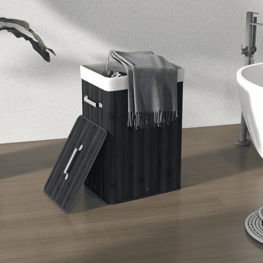 HOMCOM Cesto de Roupa Suja Dobrável com Tampa 67L, Cesto de Roupa Suja de Bambu, 2 Compartimentos, Saco Removível, para Quarto, Casa de Banho, Lavandaria, 40x30x60 cm, Preto