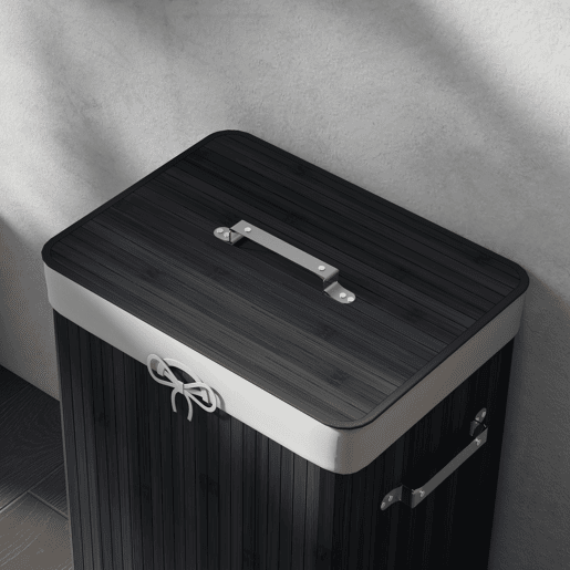 HOMCOM Cesto de Roupa Suja Dobrável com Tampa 67L, Cesto de Roupa Suja de Bambu, 2 Compartimentos, Saco Removível, para Quarto, Casa de Banho, Lavandaria, 40x30x60 cm, Preto