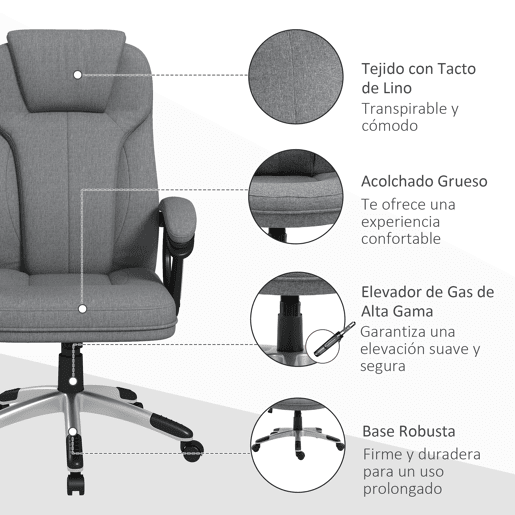 Vinsetto Cadeira de Escritório Giratória Cadeira de Escritório Ergonómica com Altura Ajustável Apoio para os Braços e Encosto Acolchoado de Linho Sintético 66x75x110-120 cm Cinza