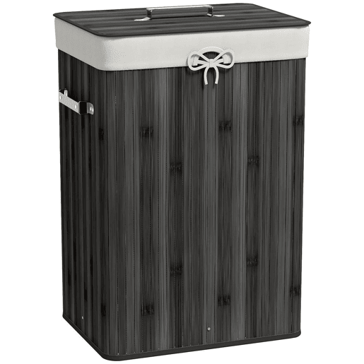 HOMCOM Cesto de Roupa Suja Dobrável com Tampa 67L, Cesto de Roupa de Bambu, 2 Compartimentos, Saco Removível, para Quarto, Casa de Banho, Lavandaria, 40x30x60 cm, Cinzento Escuro