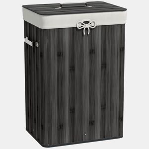 HOMCOM Cesto de Roupa Suja Dobrável com Tampa 67L, Cesto de Roupa de Bambu, 2 Compartimentos, Saco Removível, para Quarto, Casa de Banho, Lavandaria, 40x30x60 cm, Cinzento Escuro