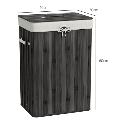 HOMCOM Cesto de Roupa Suja Dobrável com Tampa 67L, Cesto de Roupa de Bambu, 2 Compartimentos, Saco Removível, para Quarto, Casa de Banho, Lavandaria, 40x30x60 cm, Cinzento Escuro