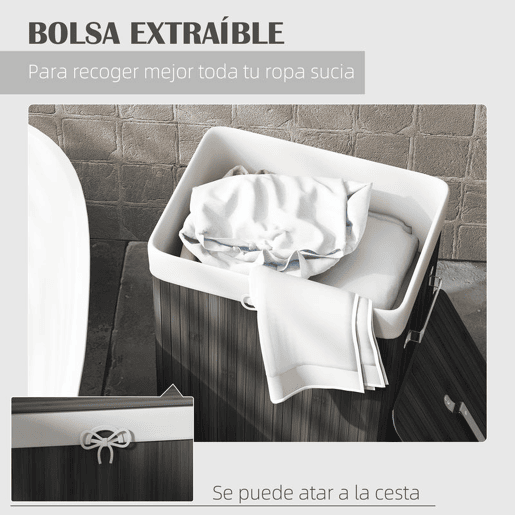 HOMCOM Cesto de Roupa Suja Dobrável com Tampa 67L, Cesto de Roupa de Bambu, 2 Compartimentos, Saco Removível, para Quarto, Casa de Banho, Lavandaria, 40x30x60 cm, Cinzento Escuro