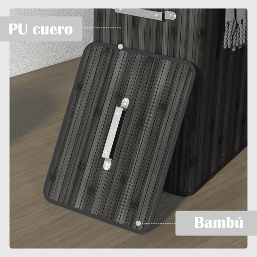 HOMCOM Cesto de Roupa Suja Dobrável com Tampa 67L, Cesto de Roupa de Bambu, 2 Compartimentos, Saco Removível, para Quarto, Casa de Banho, Lavandaria, 40x30x60 cm, Cinzento Escuro