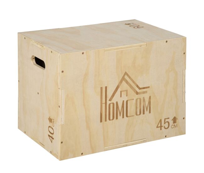 Homcom cajón pliométrico de madera 3 en 1, plataforma de caja pliométrica con 3 alturas diferentes, 2 mango hueco, entrenamiento de salto, fuerza, para casa, gimnasio y exterior, 45x40x60 cm