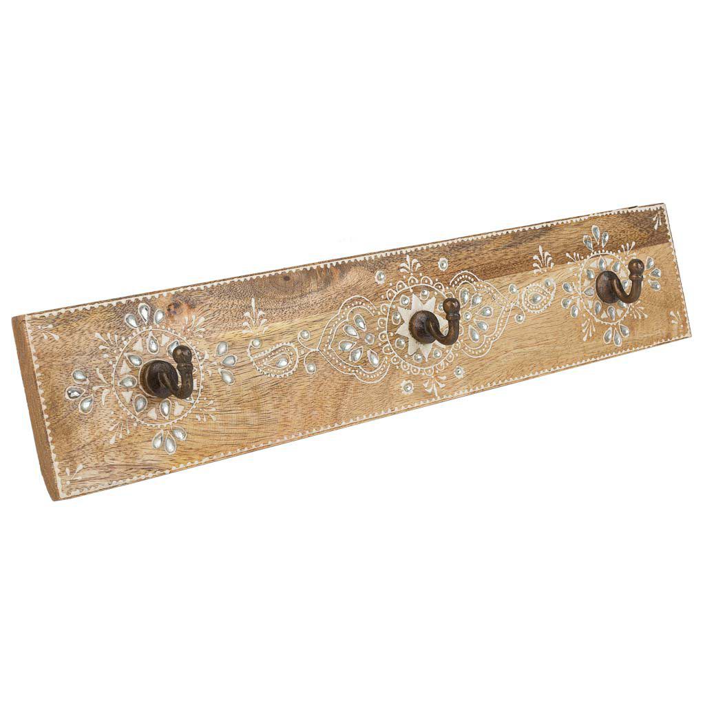 Percha de madera de 3 ganchos pintado artesanal marrón 48x5x10