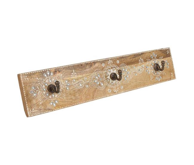 Percha de madera de 3 ganchos pintado artesanal marrón 48x5x10