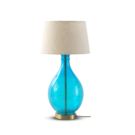 Candeeiro De Mesa De Vidro Azul Com Abajur De Algodão Branco