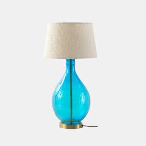 Candeeiro De Mesa De Vidro Azul Com Abajur De Algodão Branco