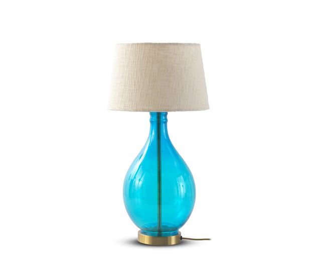 Lámpara de mesa de vidrio azul con pantalla de algodón blanco