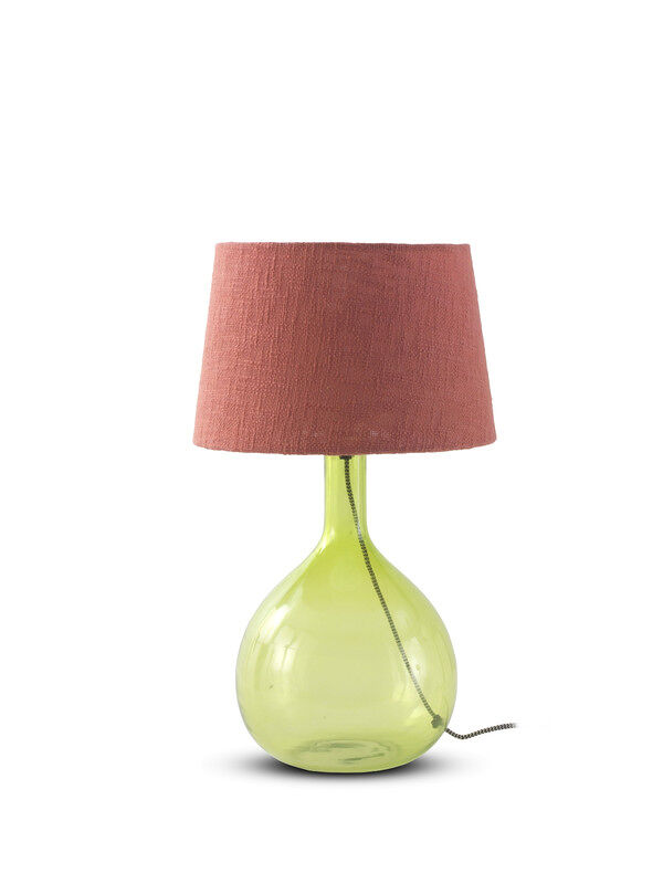 Lámpara de mesa de cristal verde con pantalla de algodón terracota