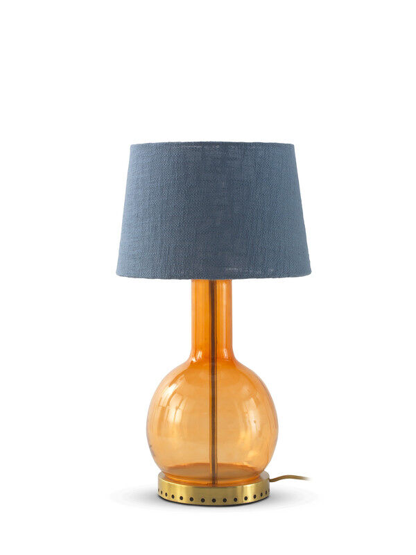 Lámpara de mesa de cristal naranja con pantalla de algodón azul