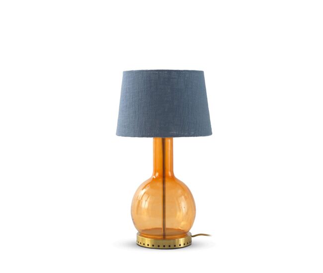 Lámpara de mesa de cristal naranja con pantalla de algodón azul