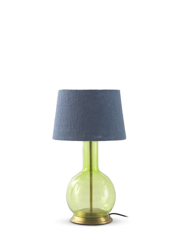Lámpara de mesa de cristal verde con pantalla de algodón azul