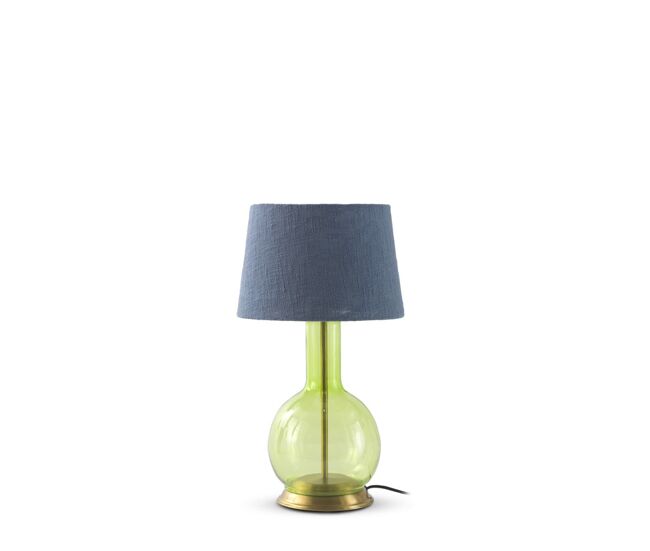 Lámpara de mesa de cristal verde con pantalla de algodón azul