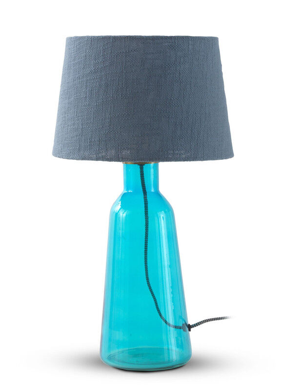 Lámpara de mesa de cristal azul con pantalla de algodón azul