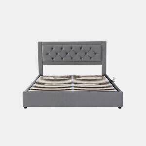 Cama de casal de veludo 140x200cm com armazenamento cinzento