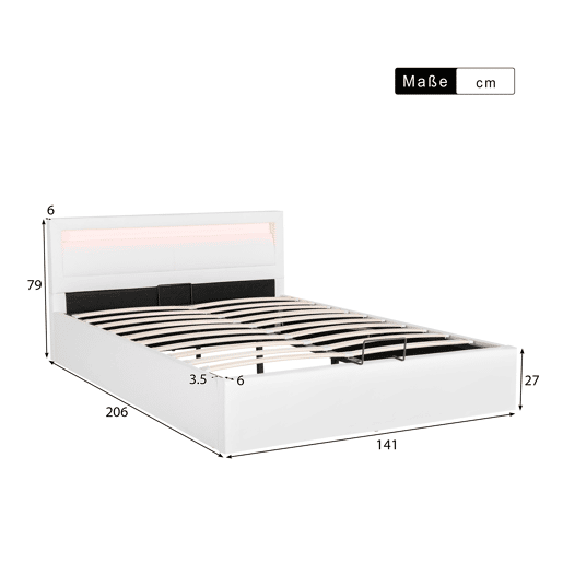 Cama de casal de pele sintética 140x200cm com armazenamento e luz LED,branco Cama de casal de pele sintética 140x200cm com armazenamento e luz LED,branco