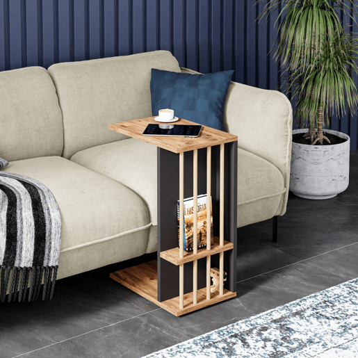 Mesa de apoio Siikainen com rodas em aglomerado 65x44x29cm - MadeiraPreto en.casa