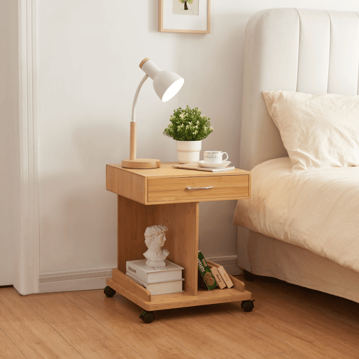 Mesa de apoio Jokkmokk com rodas bambu 57x43x43cm - Natural en.casa