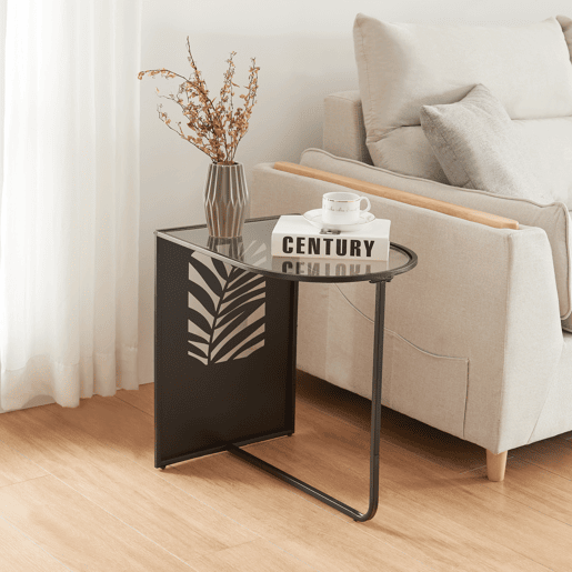 Mesa de apoio semi-oval de metal e vidro Ulvik 50x50x35cm - Preto en.casa