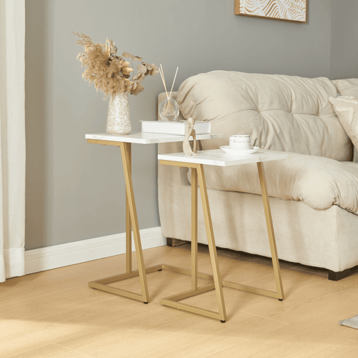 Conjunto de 2 mesas de encaixe Salem 40x30x56cm - Mármore branco  dourado en.casa