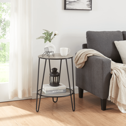 Mesa de apoio redonda Ylöjärvi com prateleira metálica MDF 61x44x44cm - PretoCarvalho en.casa