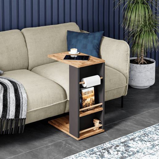Mesa de apoio Siikainen com rodas e barra anti-queda 65x44x29cm - Preto  Madeira en.casa