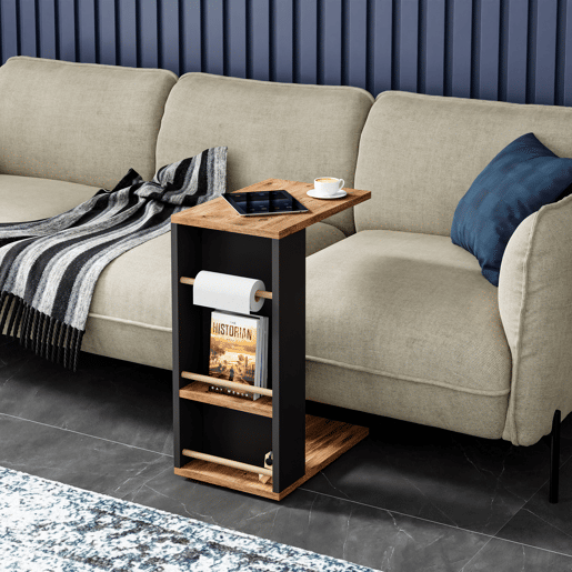 Mesa de apoio Siikainen com rodas e barra anti-queda 65x44x29cm - Preto  Madeira en.casa