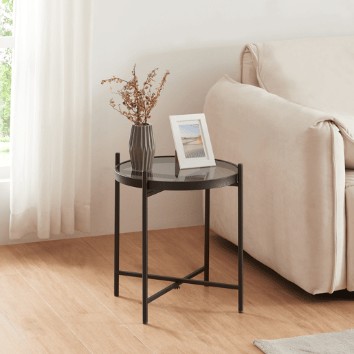 Mesa lateral redonda de metal em vidro temperado Lier 46xØ42cm - Preto en.casa