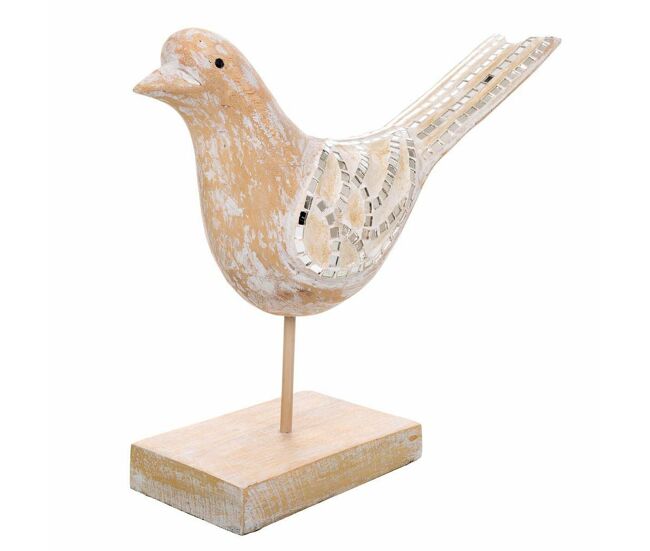 Figura decorativa alexandra house living blanco natural madera vidrio pájaro 26 x 12 x 30 cm