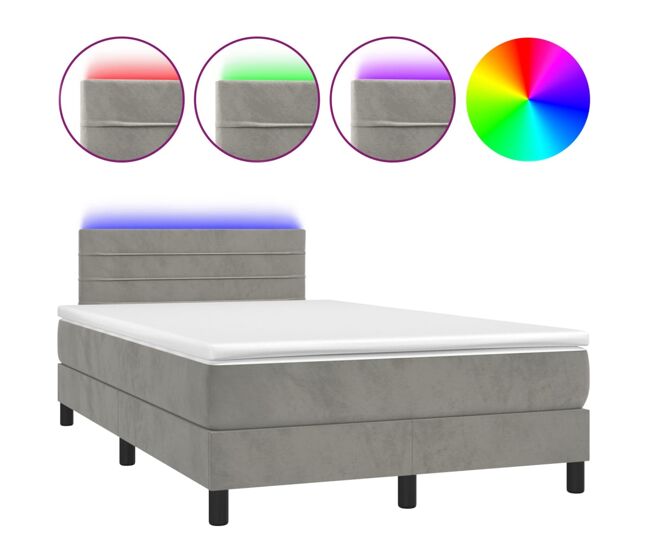 Cama box spring colchón y led terciopelo gris claro 120x200 cm rayas horizontales