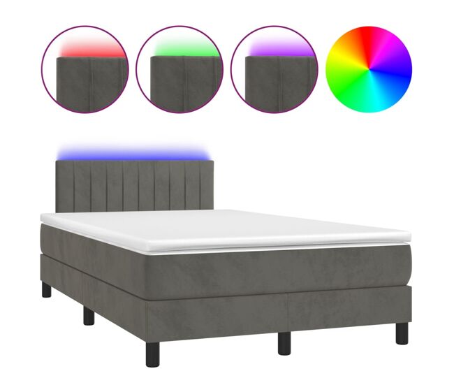 Cama box spring colchón y led terciopelo gris oscuro 120x200 cm rayas verticales