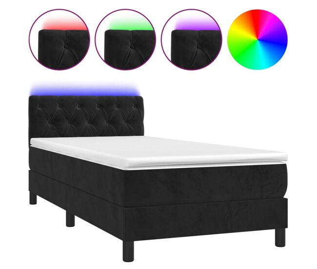 Cama box spring colchón y led terciopelo negro 80x200 cm diseño de botones