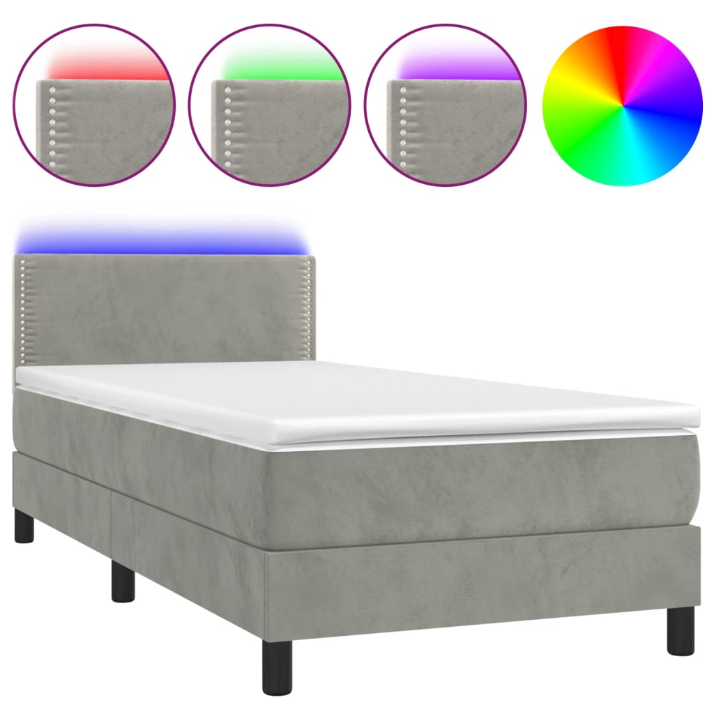 Cama box spring colchón y led terciopelo gris claro 90x200 cm liso con clavos