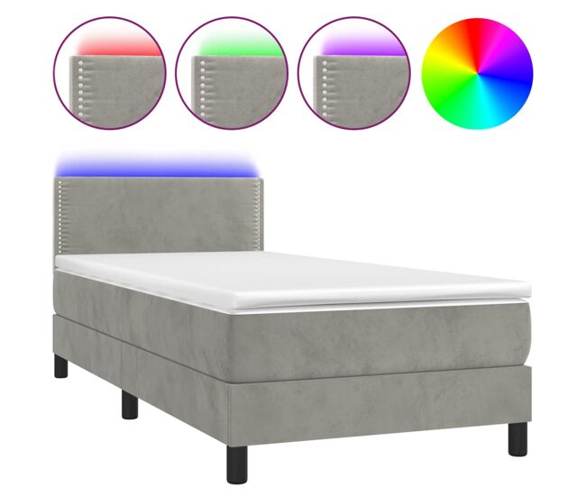 Cama box spring colchón y led terciopelo gris claro 90x200 cm liso con clavos