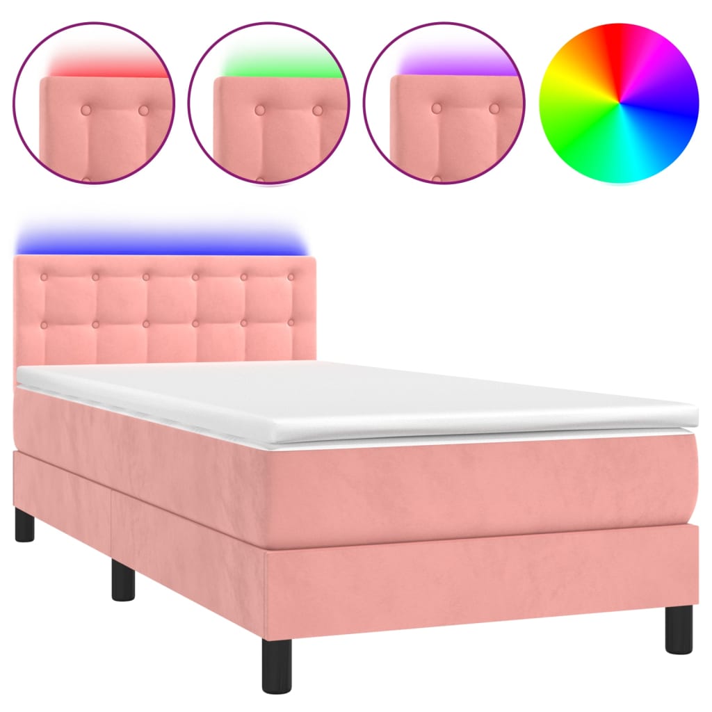 Cama box spring colchón y led terciopelo rosa 90x200 cm botones