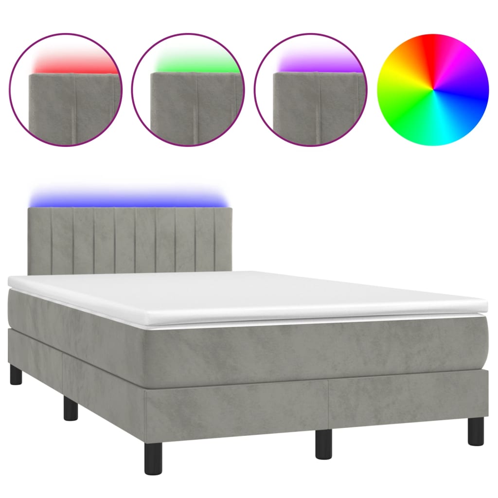 Cama box spring colchón y led terciopelo gris claro 120x200 cm rayas verticales