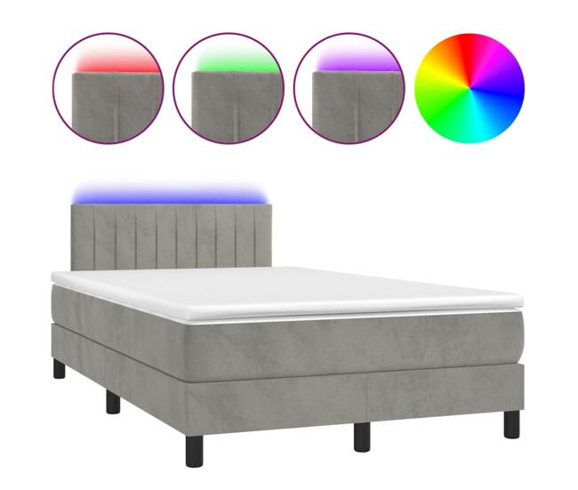 Cama box spring colchón y led terciopelo gris claro 120x200 cm rayas verticales