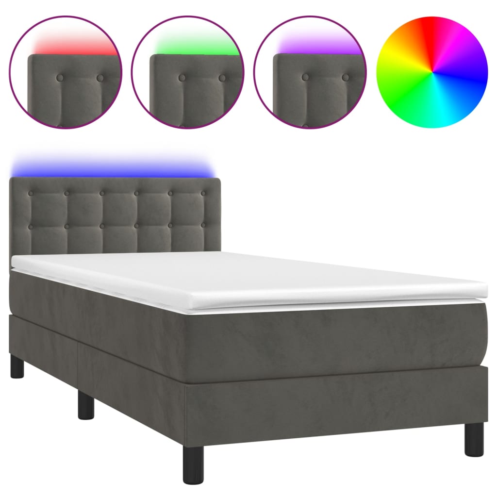 Cama box spring colchón y led terciopelo gris oscuro 80x200 cm botones