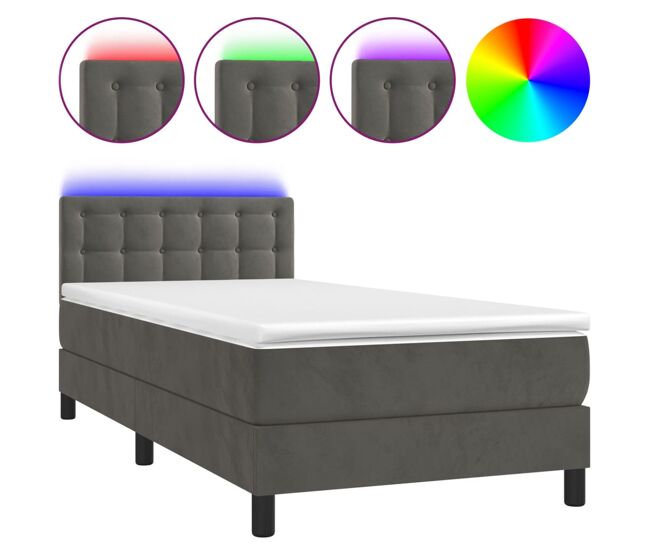 Cama box spring colchón y led terciopelo gris oscuro 80x200 cm botones
