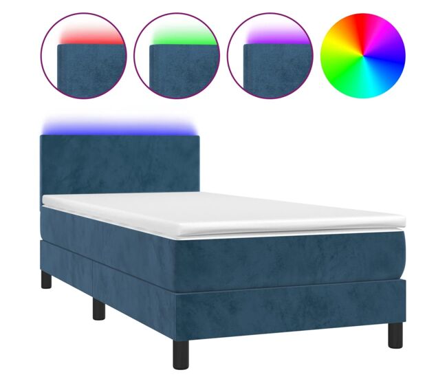 Cama box spring colchón y led terciopelo azul oscuro 90x200 cm diseño plano