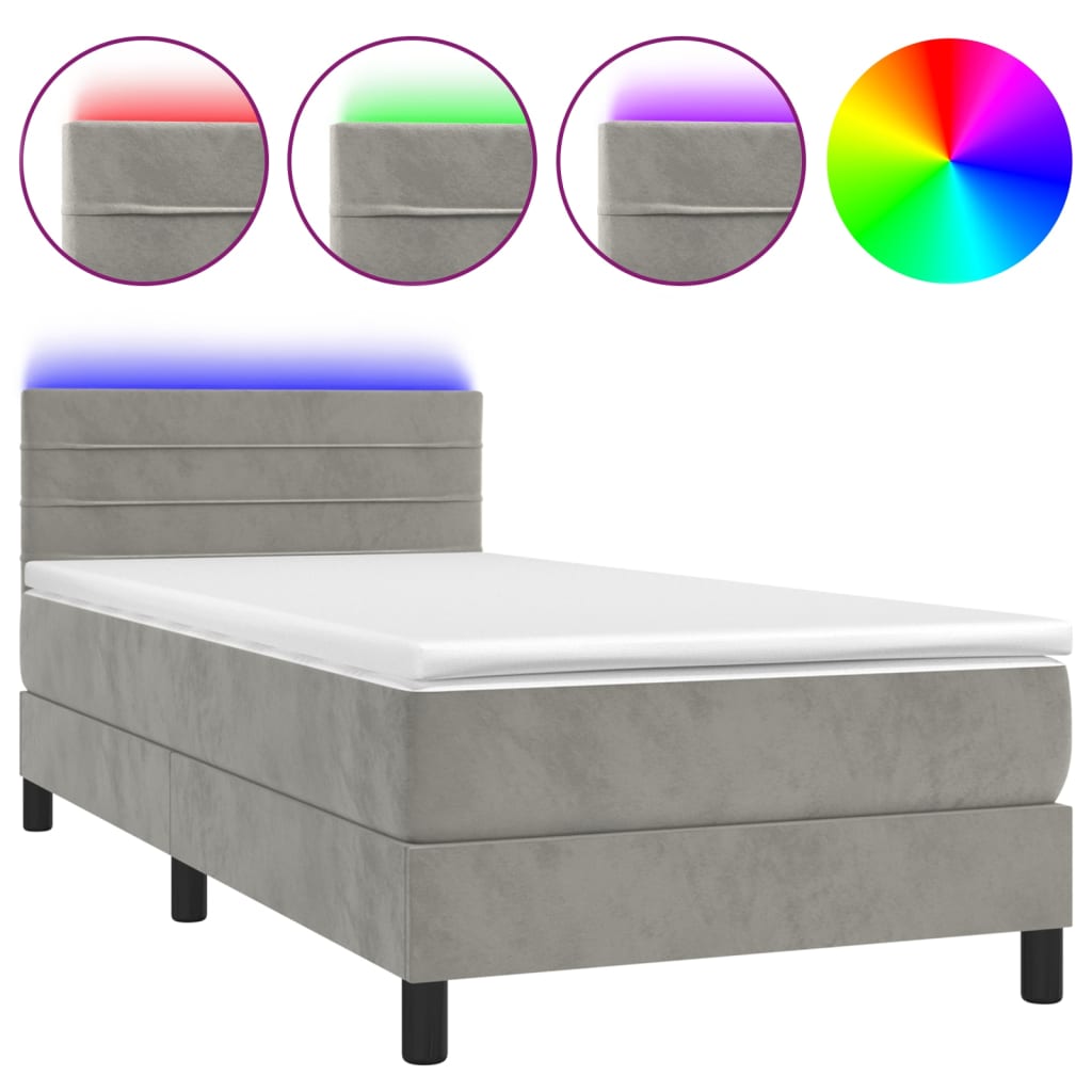 Cama box spring colchón y led terciopelo gris claro 90x200 cm rayas horizontales