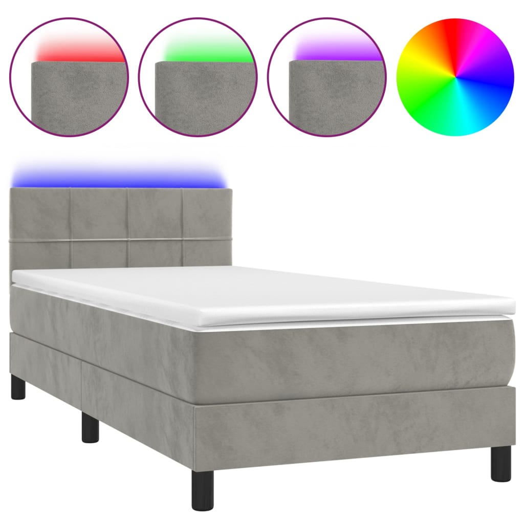Cama box spring colchón y led terciopelo gris claro 90x190 cm bloques con cuadros