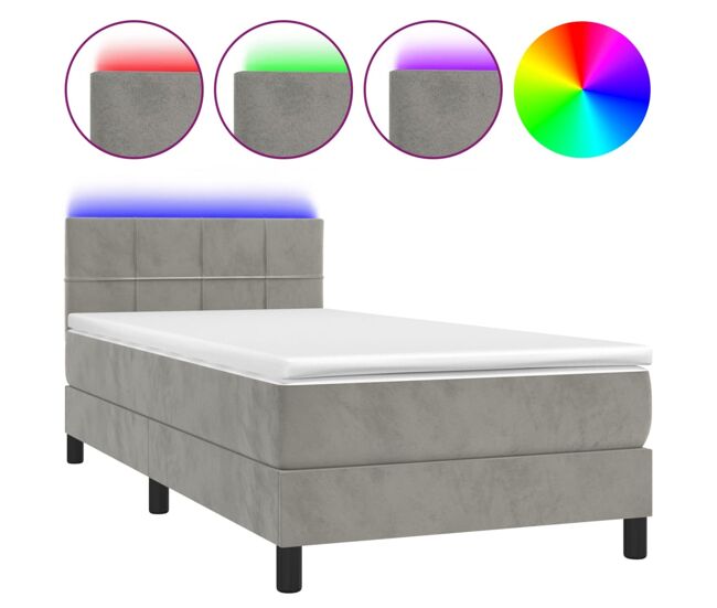 Cama box spring colchón y led terciopelo gris claro 90x200 cm bloques con cuadros