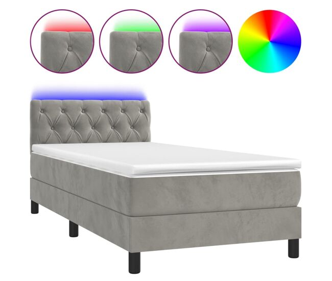 Cama box spring colchón y led terciopelo gris claro 80x200 cm diseño de botones